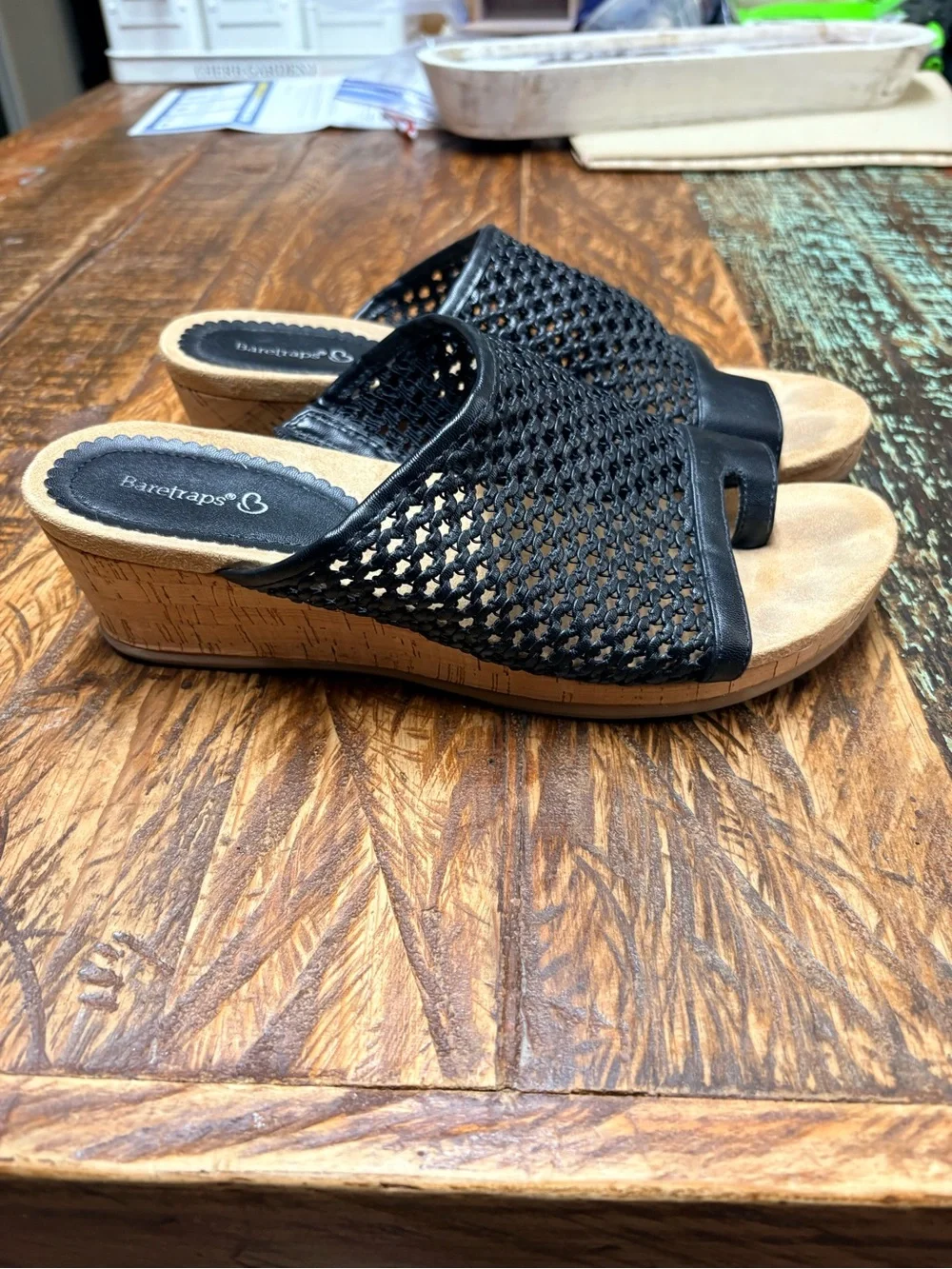 BareTraps Flossey Wedge Black Woven Mesh Cork Wedge Slides Sandals Size 11